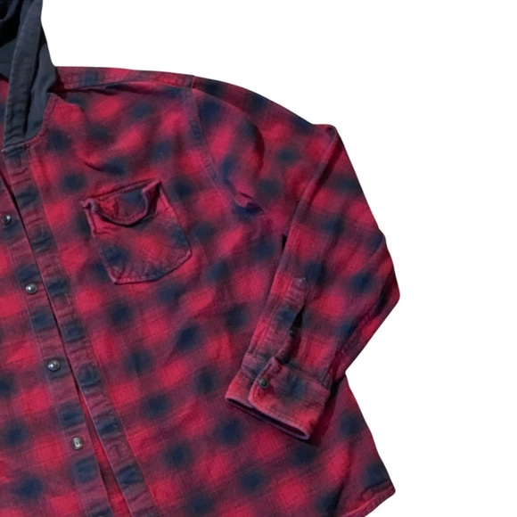 Buffalo Plaid Flannel Shirt Jacket Hooded Heavy Cotton L Red Outdoor Hiking Camp - Picture 4 of 8